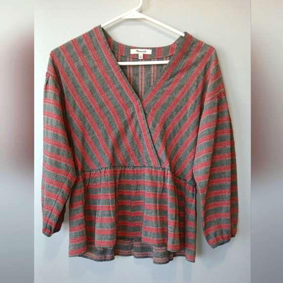 Madewell Peplum Bubble 3/4 Sleeve Crossover Top Size XS Red Gray - Picture 1 of 7